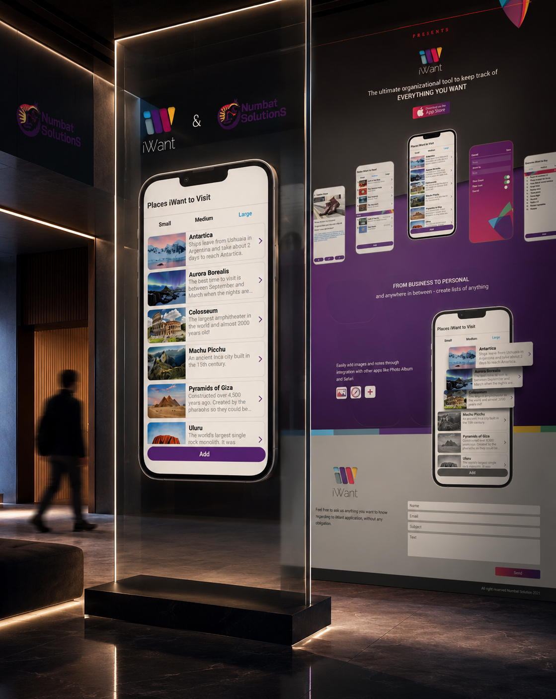 iWant and Numbat Solutions identities connecting a mobile travel-list interface with a responsive product website, App Store promotion, feature screens, and contact form.