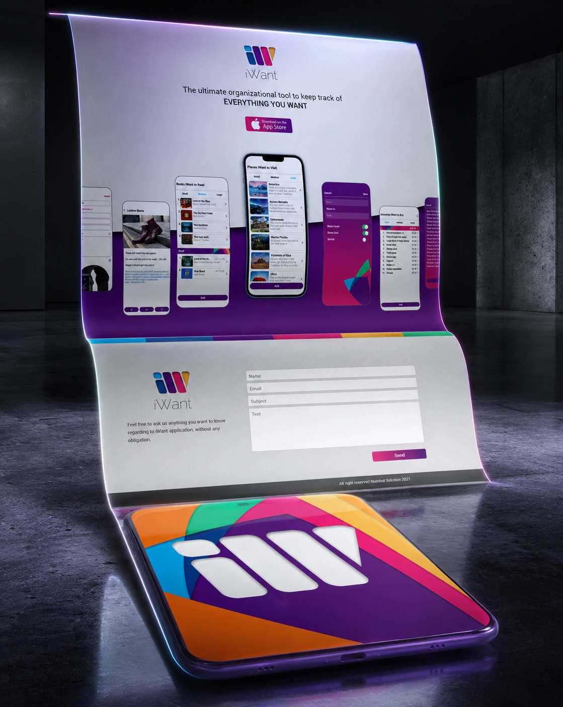 Continuous iWant digital surface connecting the branded app icon, mobile interfaces, responsive website content, App Store messaging, and contact form.