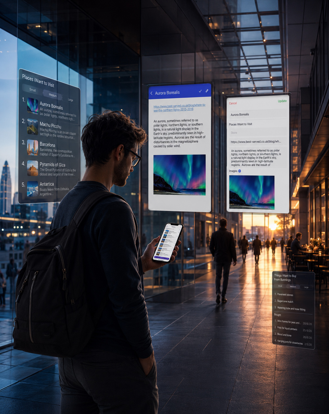 Urban user engaging with iWant across travel lists, saved-item details, editing controls, and completed actions during one continuous day.