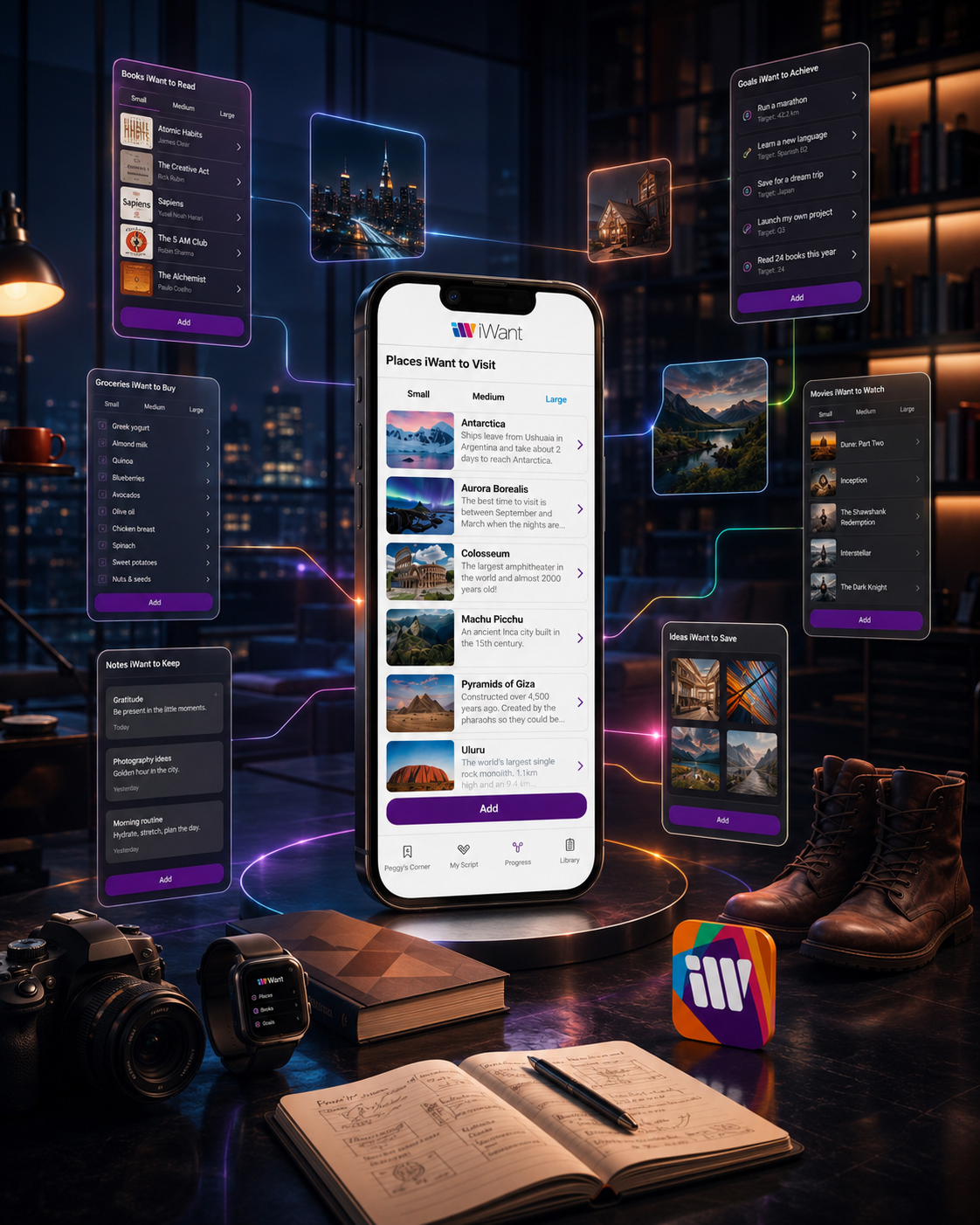 iWant personal organization app connecting travel plans, books, groceries, goals, movies, notes, and saved ideas within one mobile experience.