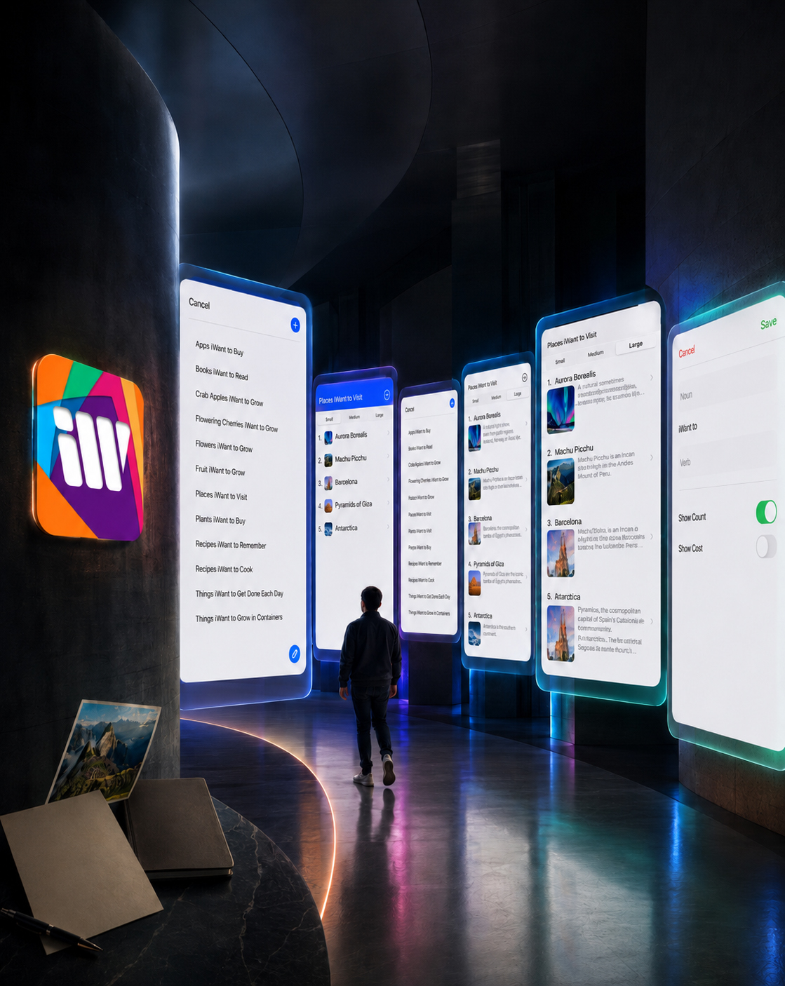 User entering an immersive iWant interface corridor displaying list selection, custom-list creation, and Small, Medium, and Large content views.