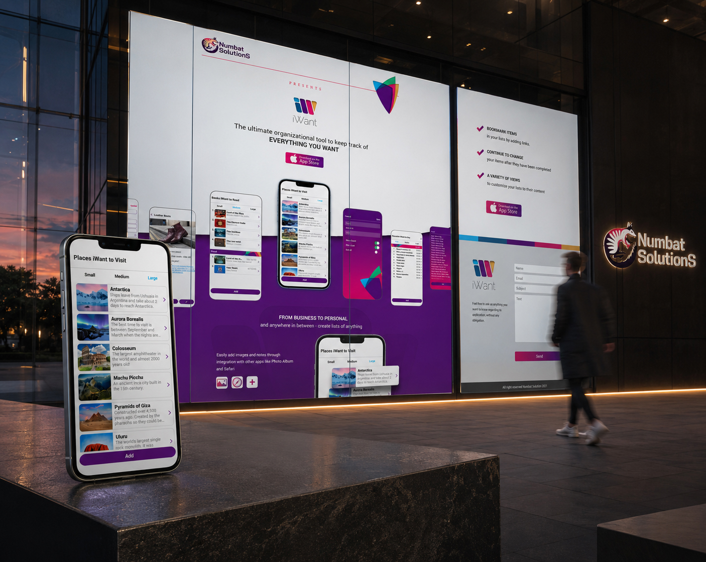 iWant mobile app displayed beside the Numbat Solutions website with product screens, key benefits, App Store links, brand identity, and contact form.
