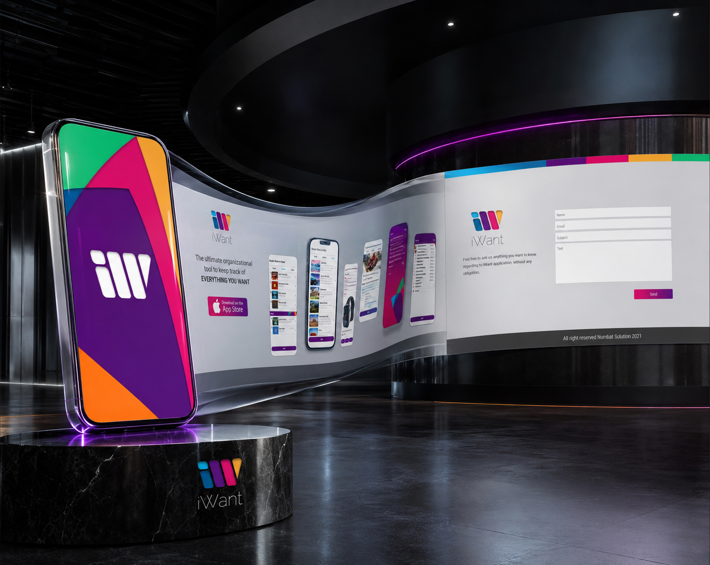 iWant app icon flowing into a curved responsive website surface with mobile screens, product messaging, App Store promotion, brand colors, and contact form.
