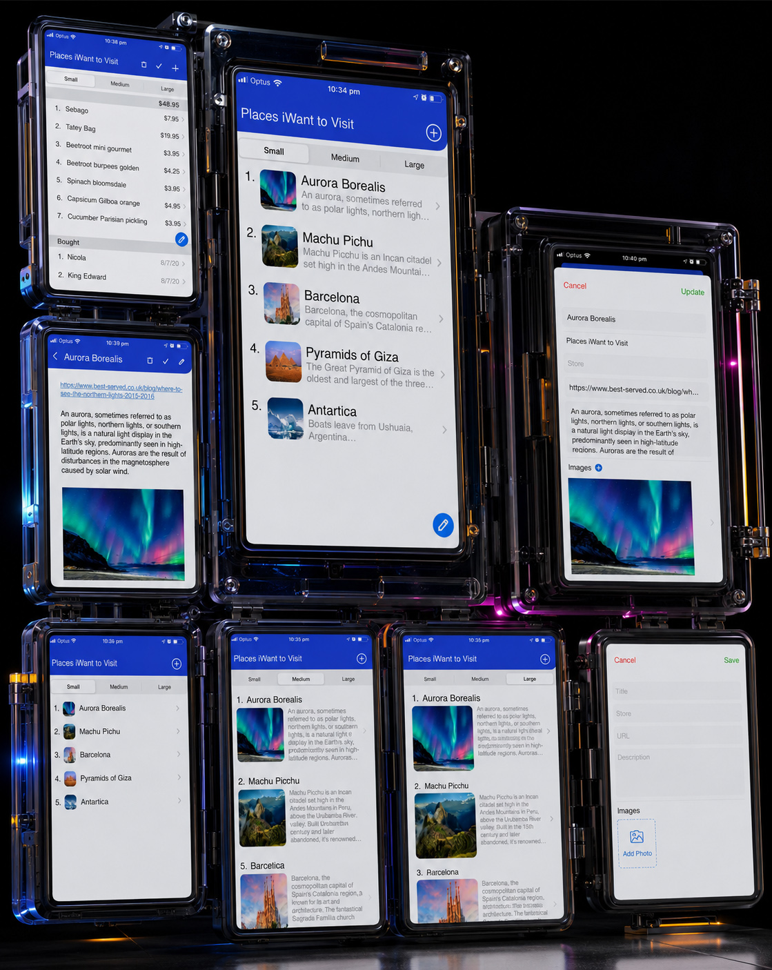 Modular iWant mobile interface framework connecting adaptable travel lists, price tracking, item details, editing workflows, and new-item creation screens.