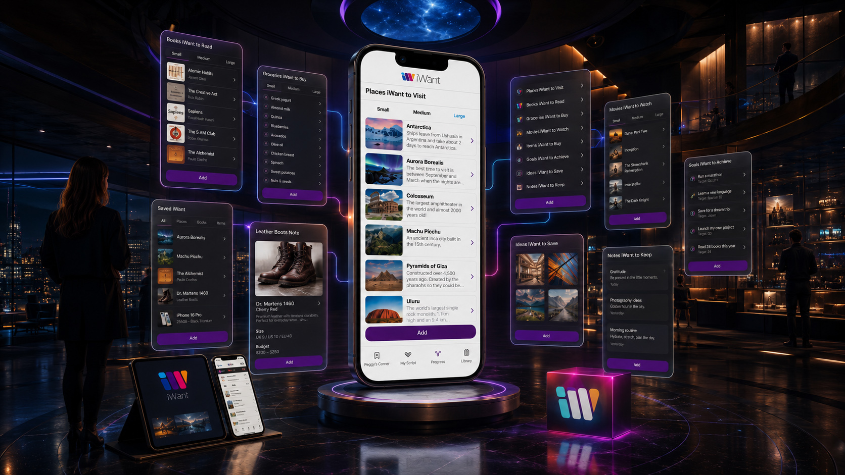 iWant app interface connected with organized lists for travel, books, groceries, saved items, movies, goals, notes, and personal ideas.