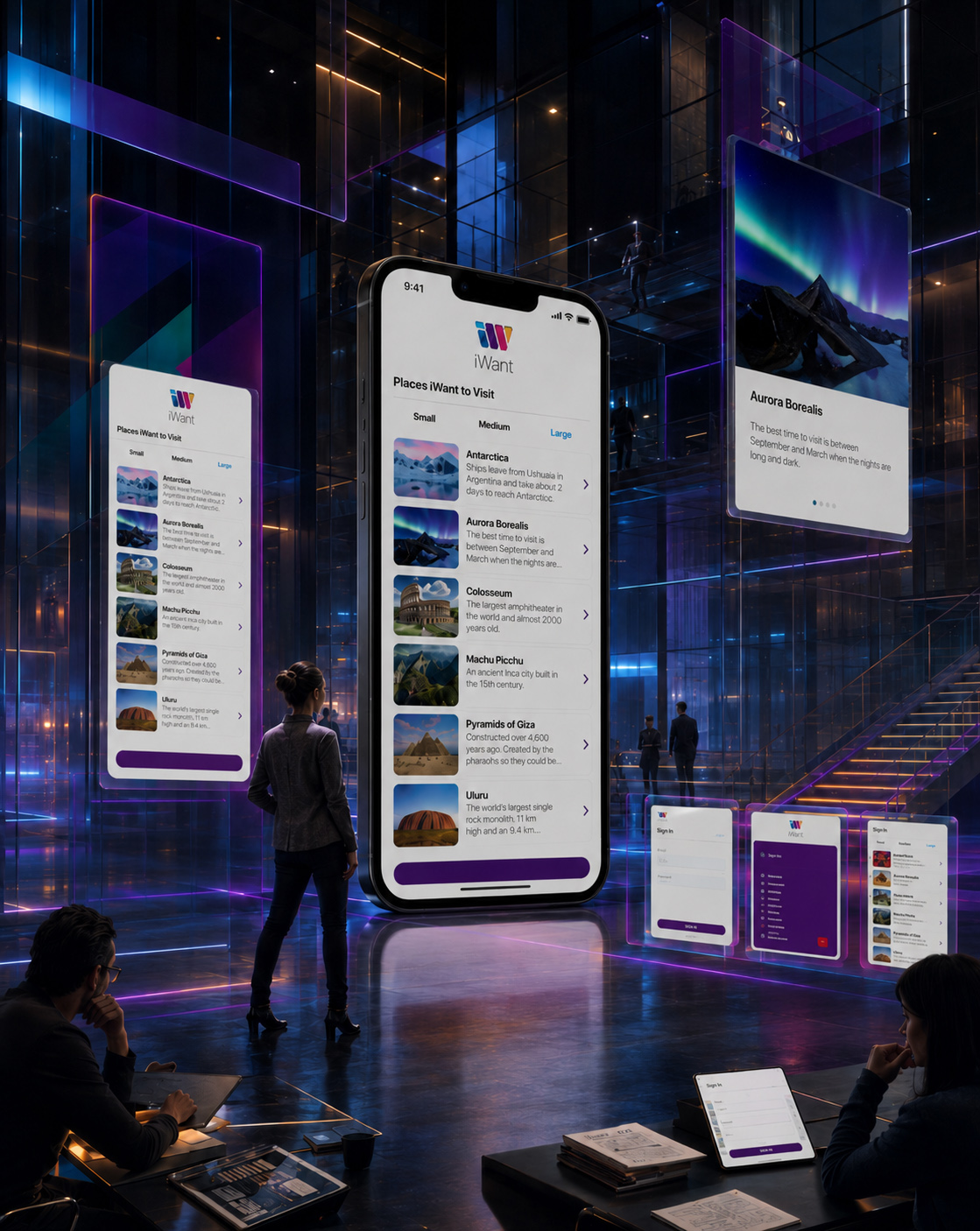 Monumental iWant mobile app interface displayed within a futuristic digital architecture of connected screens and users.