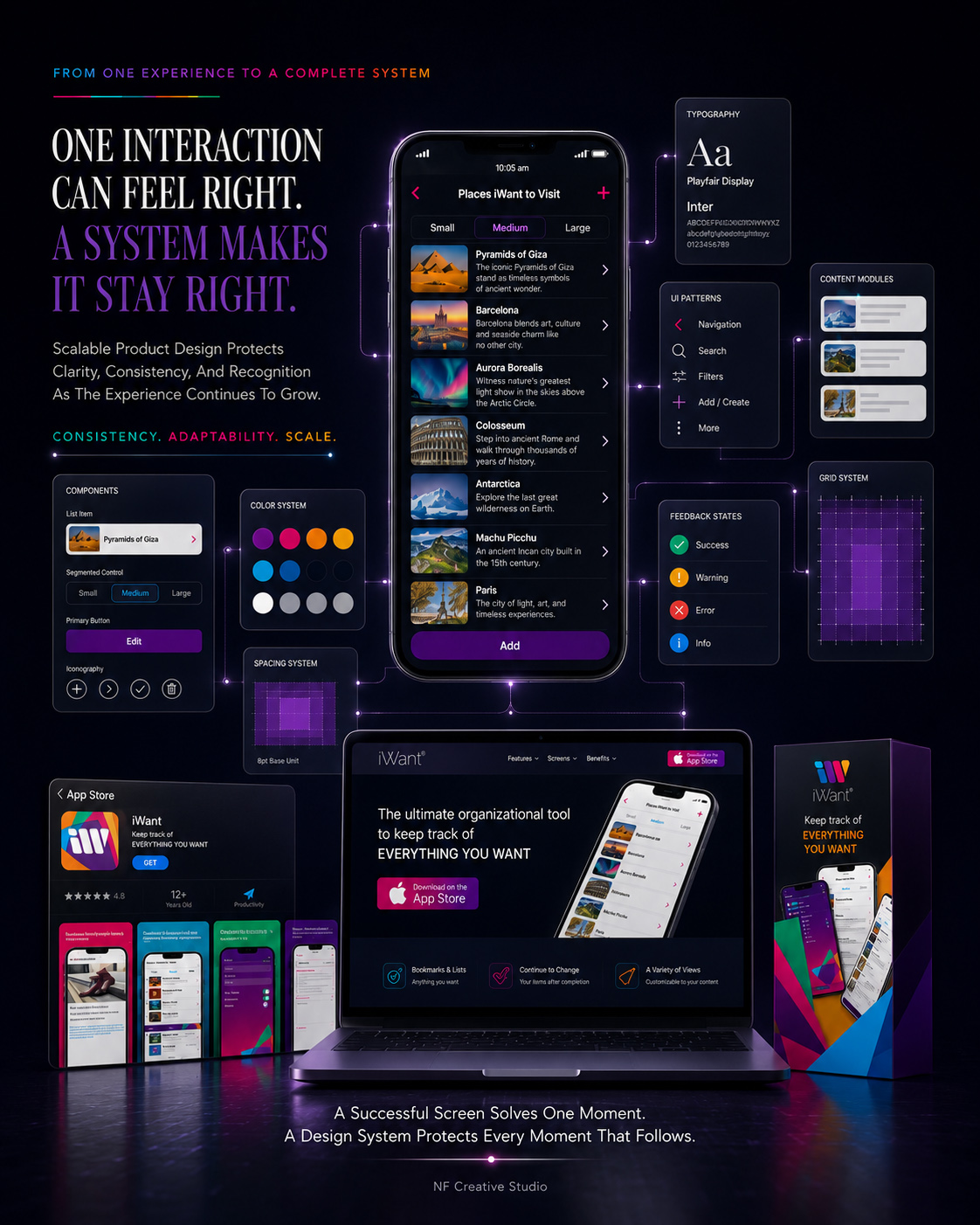 iWant mobile app design system connecting typography, colors, components, spacing, UI patterns, content modules, feedback states, grid structure, website, and App Store presentation.