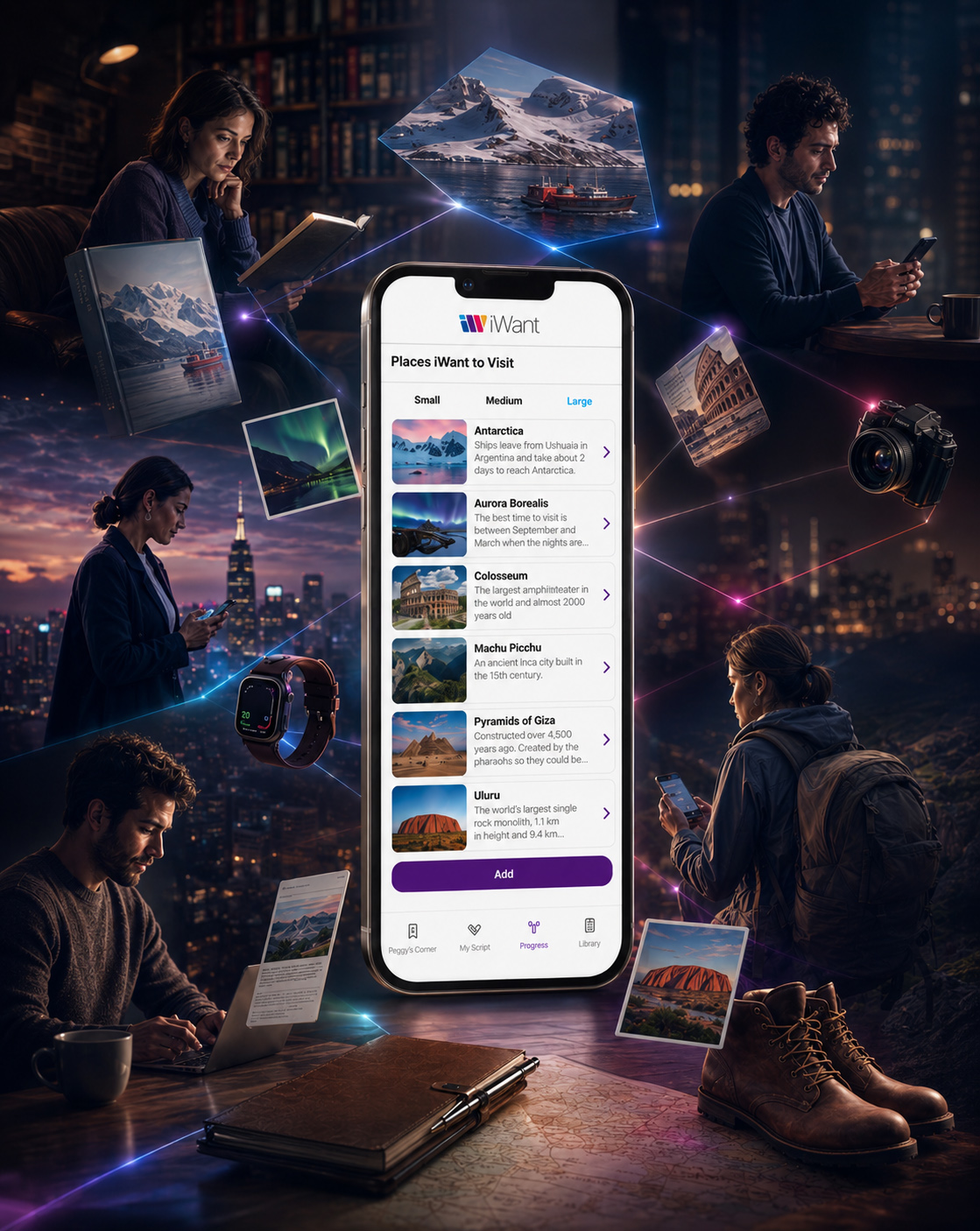iWant mobile app interface helping users organize travel inspiration and destination lists through a connected, user-centered digital experience.