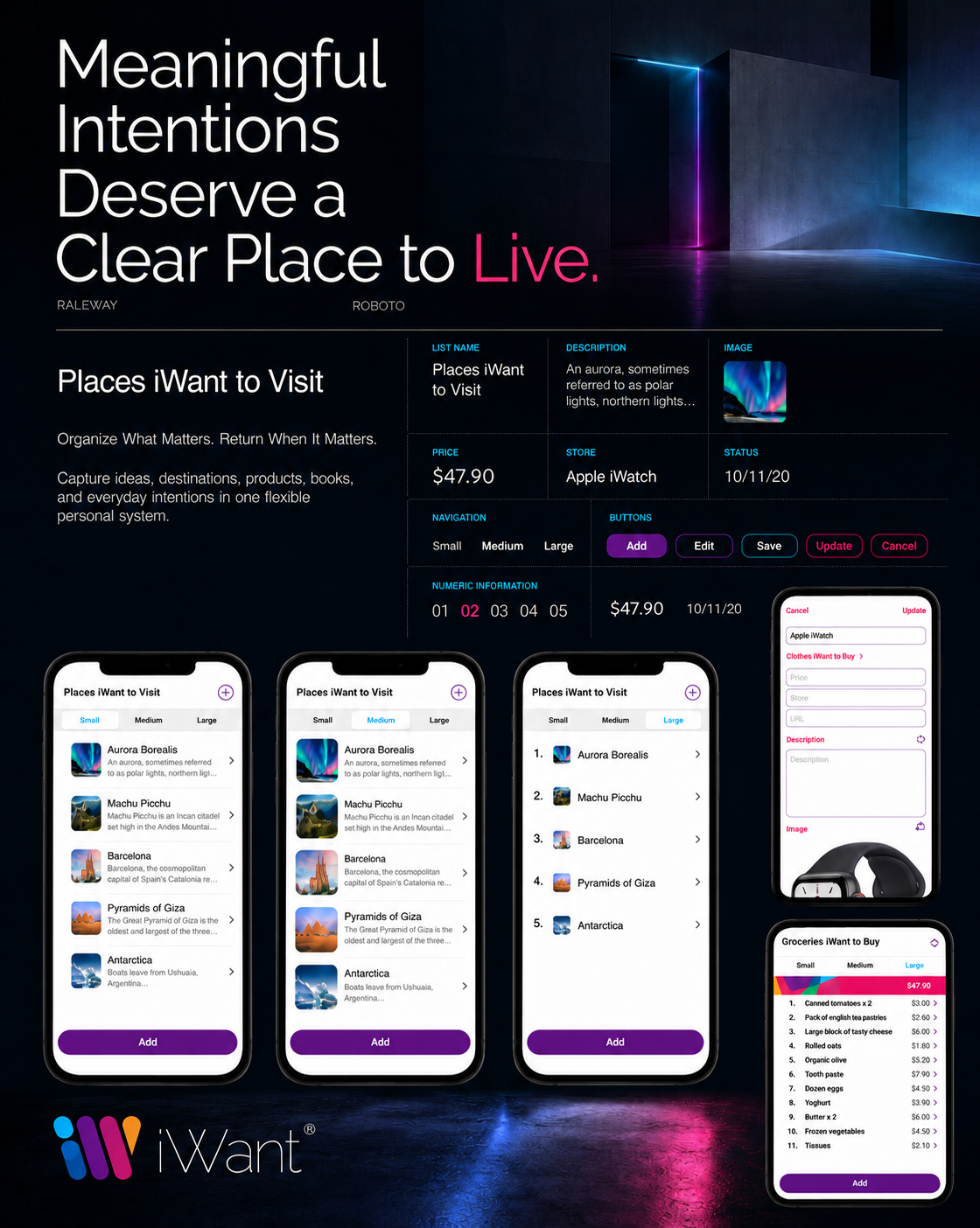 iWant typography system using Raleway and Roboto across headlines, body text, labels, buttons, navigation, numeric data, and Small, Medium, and Large mobile interface views.