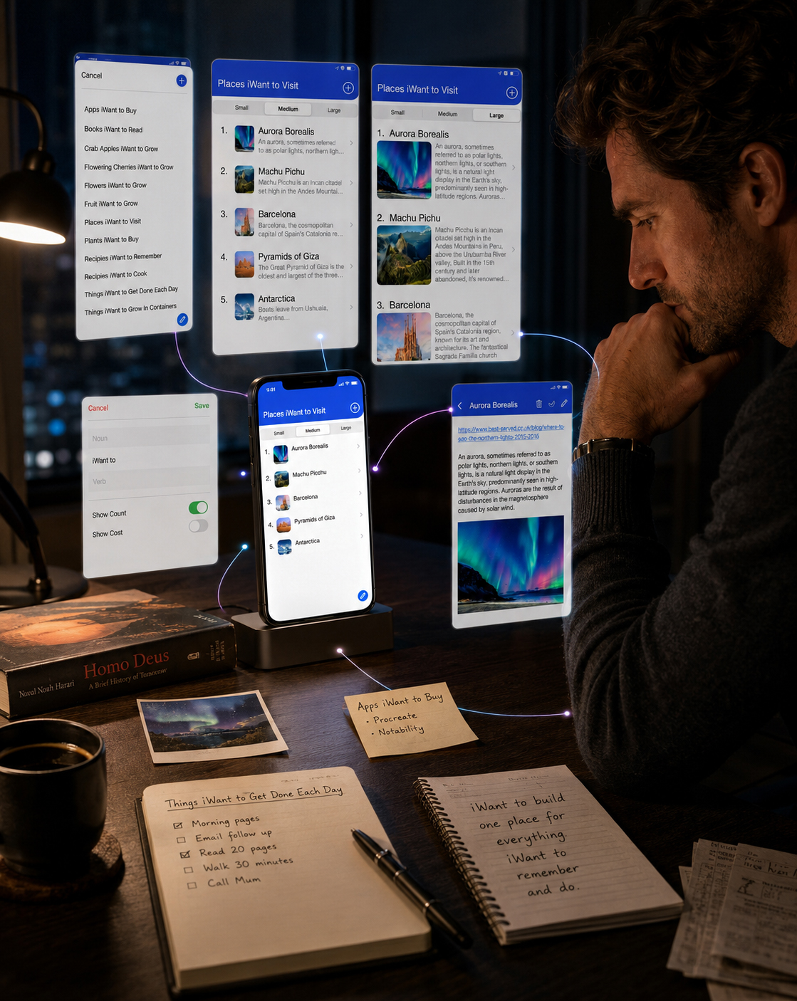 Designer reviewing the iWant list architecture through category selection, custom-list creation, content views, item details, notes, and mobile prototypes.