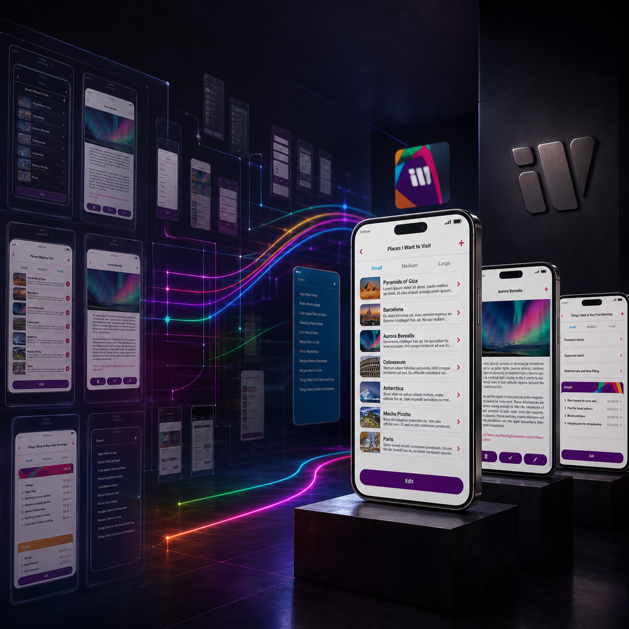 Final iWant mobile interfaces emerging from connected prototypes, screen variations, user flows, and earlier UX/UI explorations.