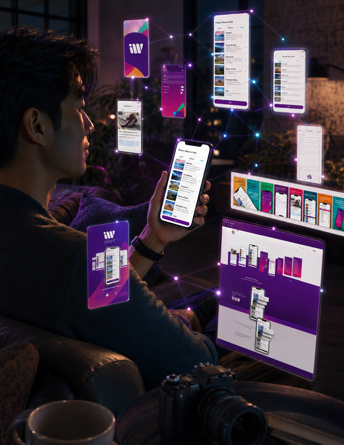 iWant UX design process visualized through connected mobile interfaces, App Store graphics, website presentation, and real-world product interaction.