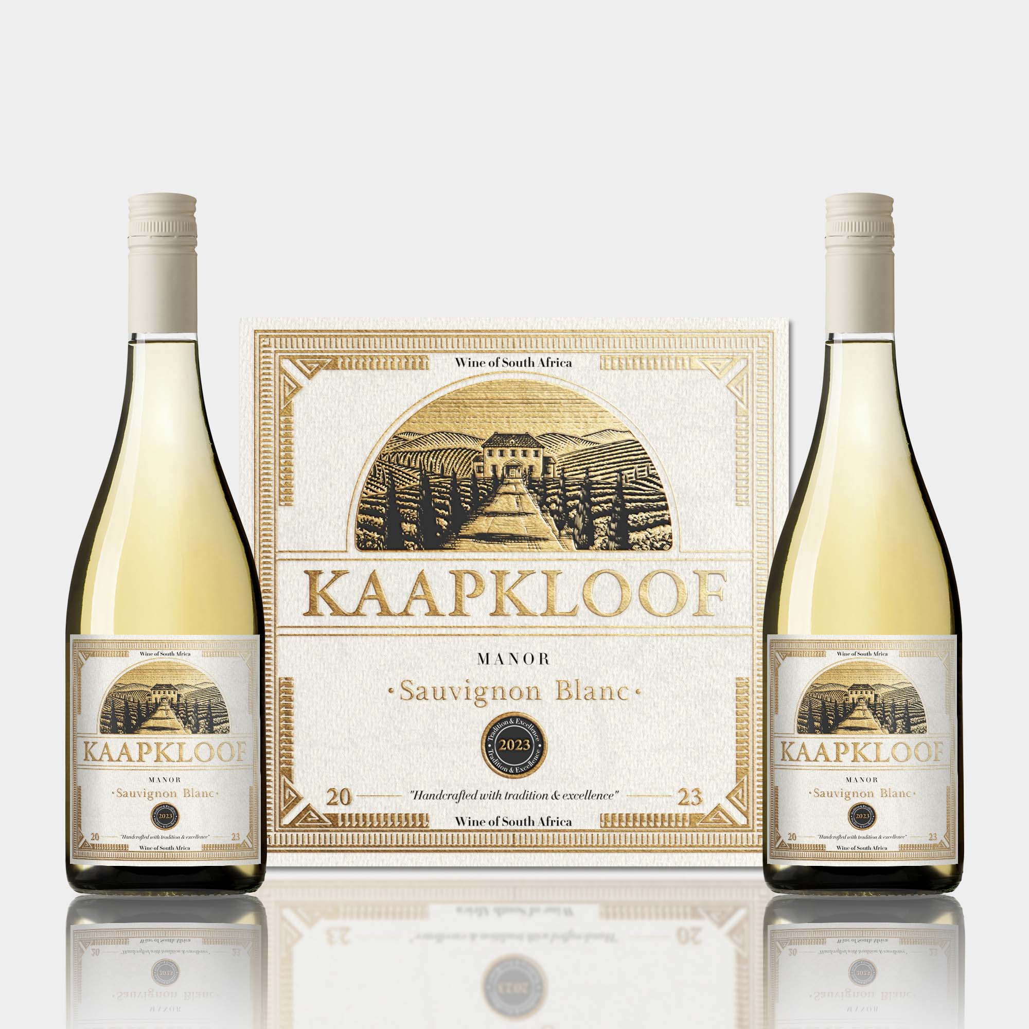 Kaapkloof Manor Sauvignon Blanc wine packaging showing two white wine bottles beside an enlarged label design with clear typographic hierarchy and vineyard illustration.