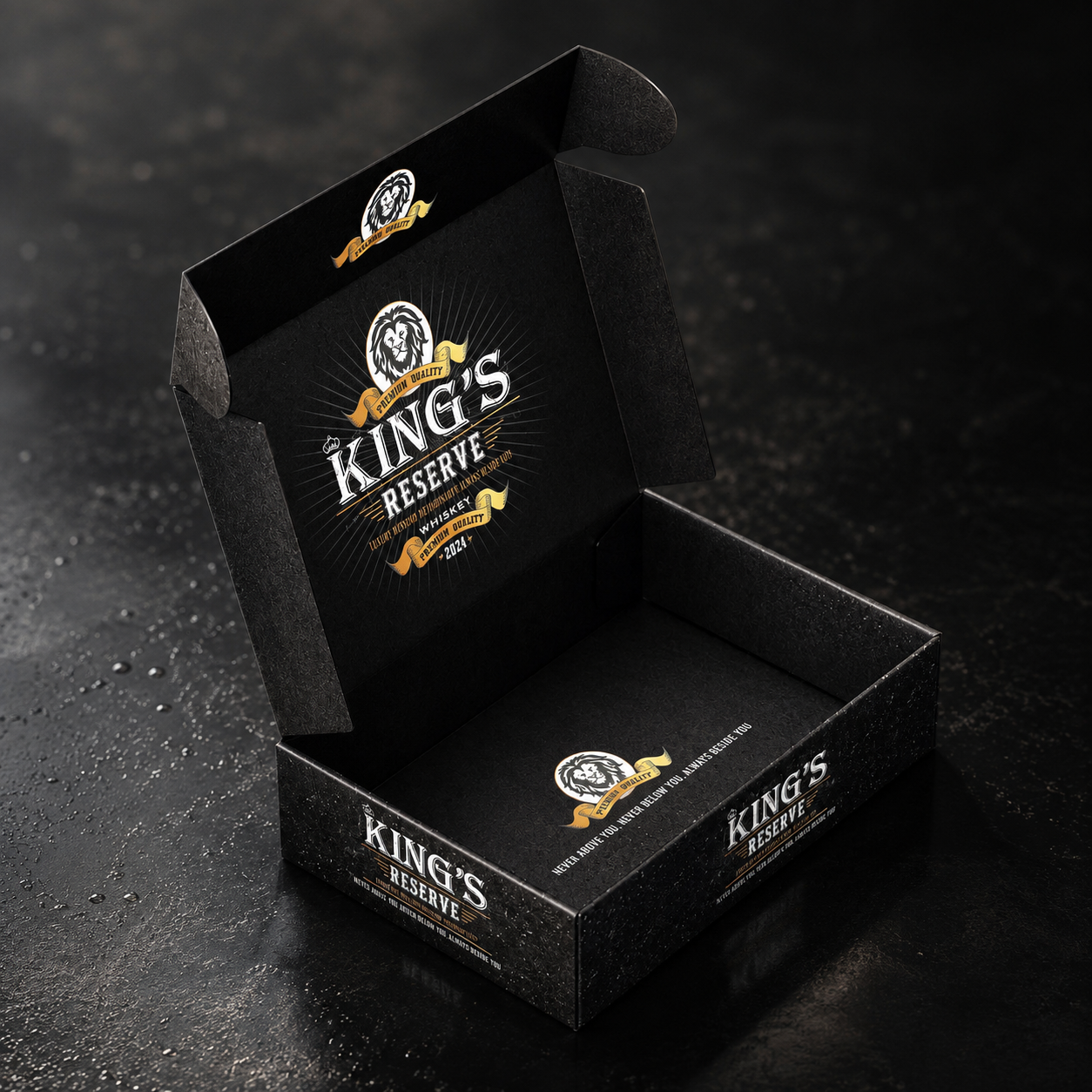 Open black King’s Reserve gift box with branded interior graphics, lion emblems, decorative typography, and gold accent details.