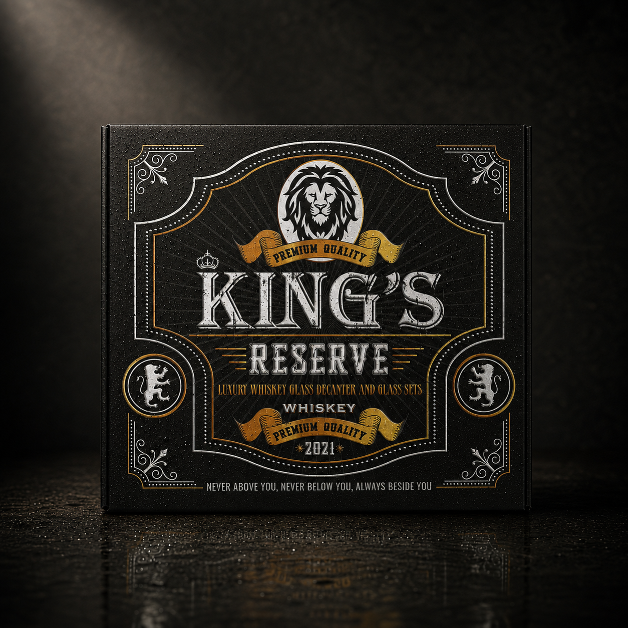 Black King’s Reserve whiskey gift box with ornate typography, lion emblem, decorative framing, and gold accent details.