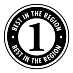 Black-and-white circular number-one badge displaying the repeated statement Best in the Region.