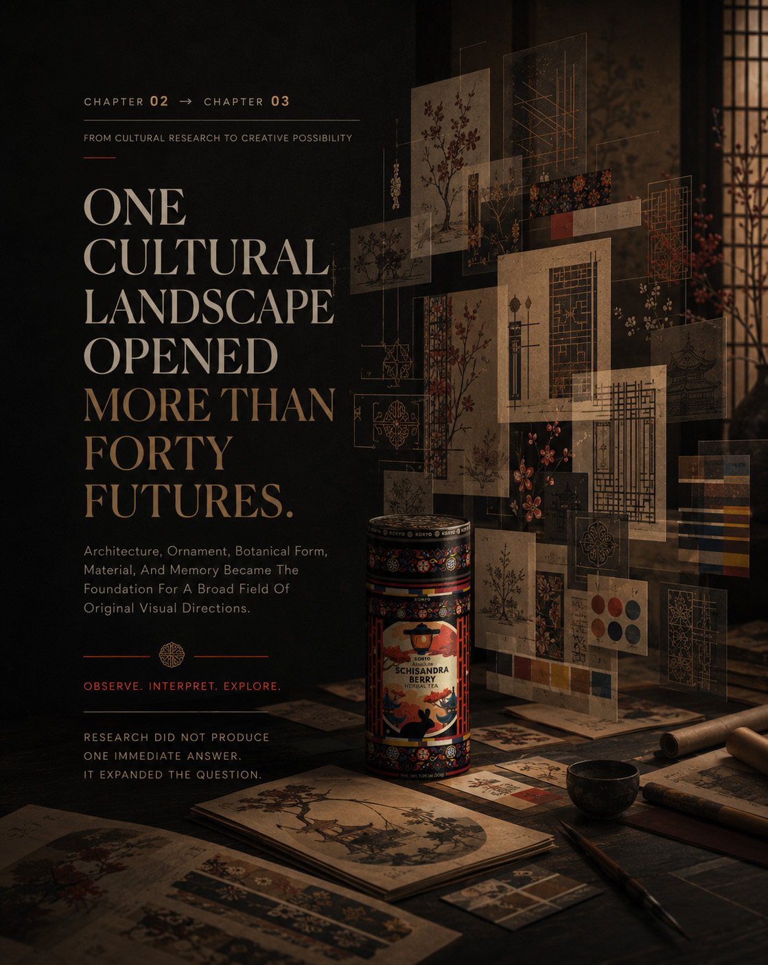 KORYO case-study transition from Chapter 02 to Chapter 03, showing the final tea canister surrounded by Korean-inspired architectural, ornamental, botanical, material, and color studies.