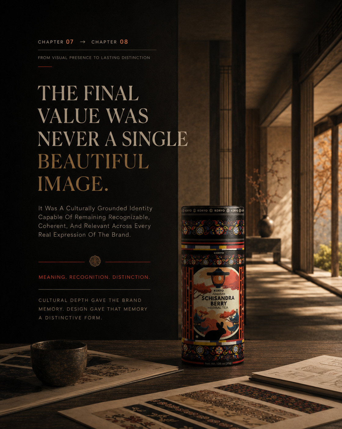 KORYO Chapter 07 to Chapter 08 transition featuring the final tea packaging in a Korean-inspired interior with design research and editorial text.
