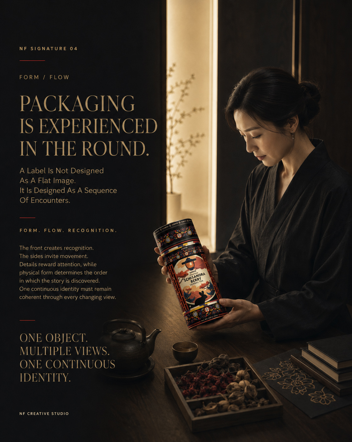 Designer holding and examining KORYO Schisandra Berry Herbal Tea cylindrical packaging in a refined studio surrounded by tea vessels, ingredients, books, and ornamental studies.