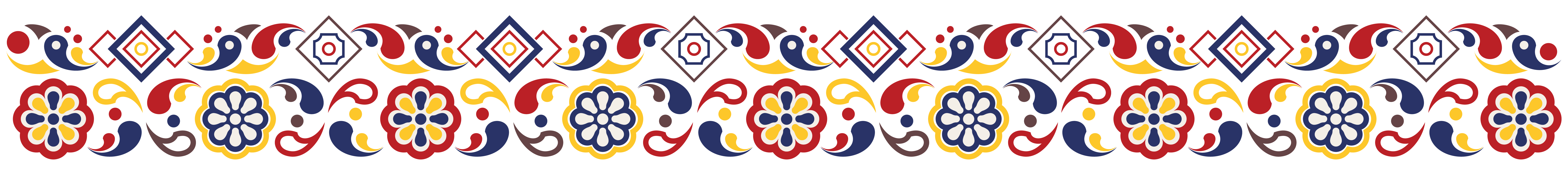 Repeating Korean-inspired floral border with red, blue, yellow, white, and dark geometric ornaments created for KORYO tea packaging.