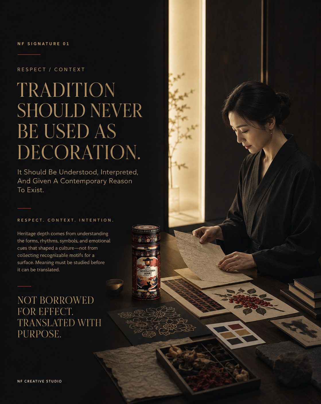 NF Signature 01 editorial poster showing a Korean woman studying cultural references beside KORYO Schisandra Berry Herbal Tea packaging.