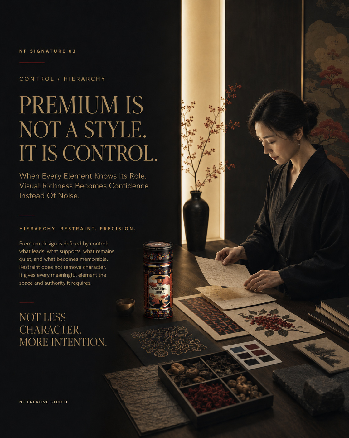 Designer reviewing KORYO Schisandra Berry Herbal Tea packaging, ornamental studies, botanical artwork, color samples, and material references in a refined studio setting.