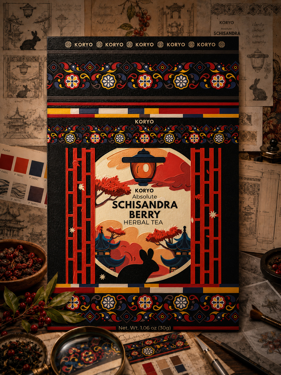 Final KORYO Schisandra Berry Herbal Tea front-label design surrounded by Korean architectural sketches, botanical studies, ornament patterns, and color references.