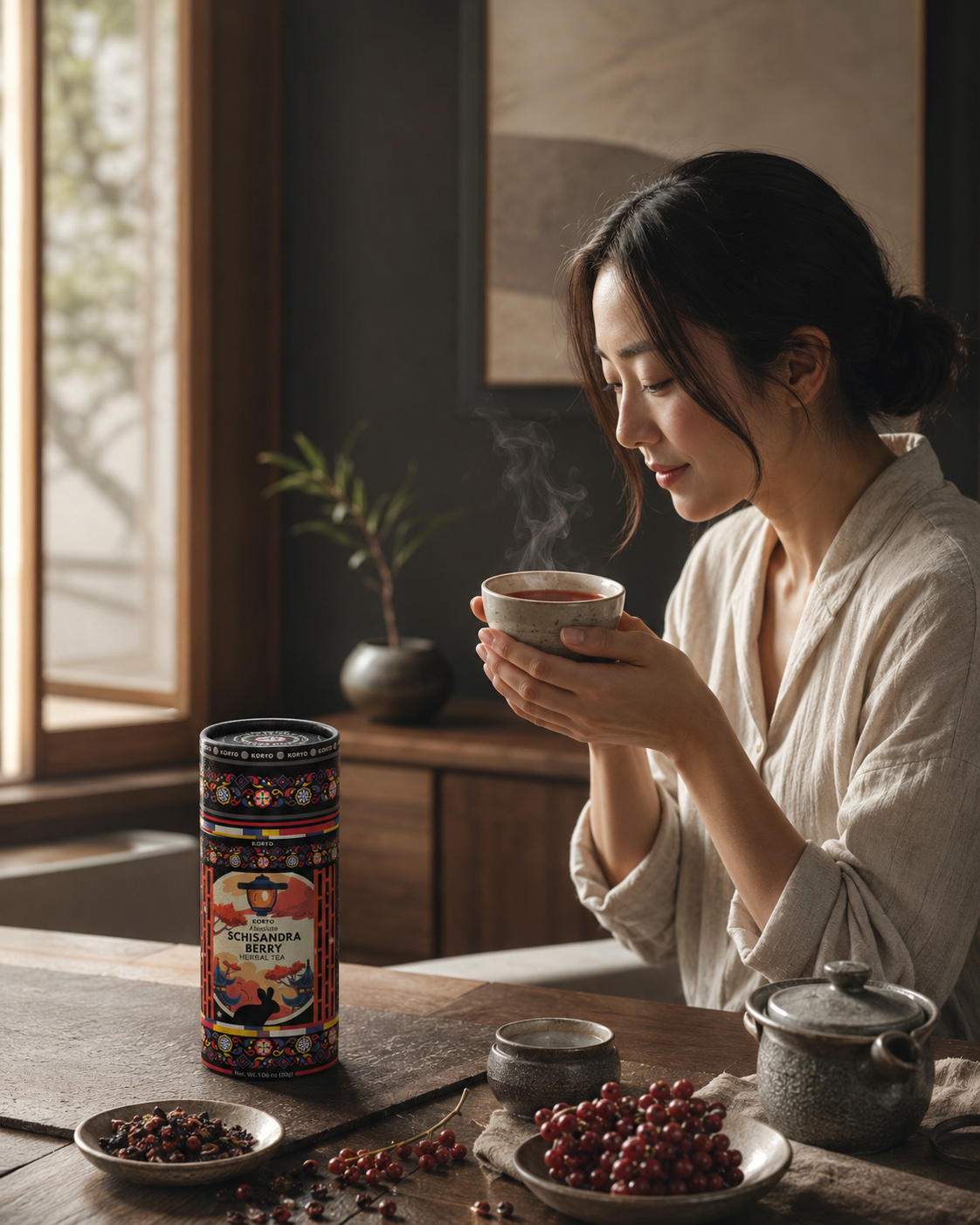 Woman holding a steaming cup beside KORYO Schisandra Berry Herbal Tea packaging, red berries, loose tea, and ceramic teaware.
