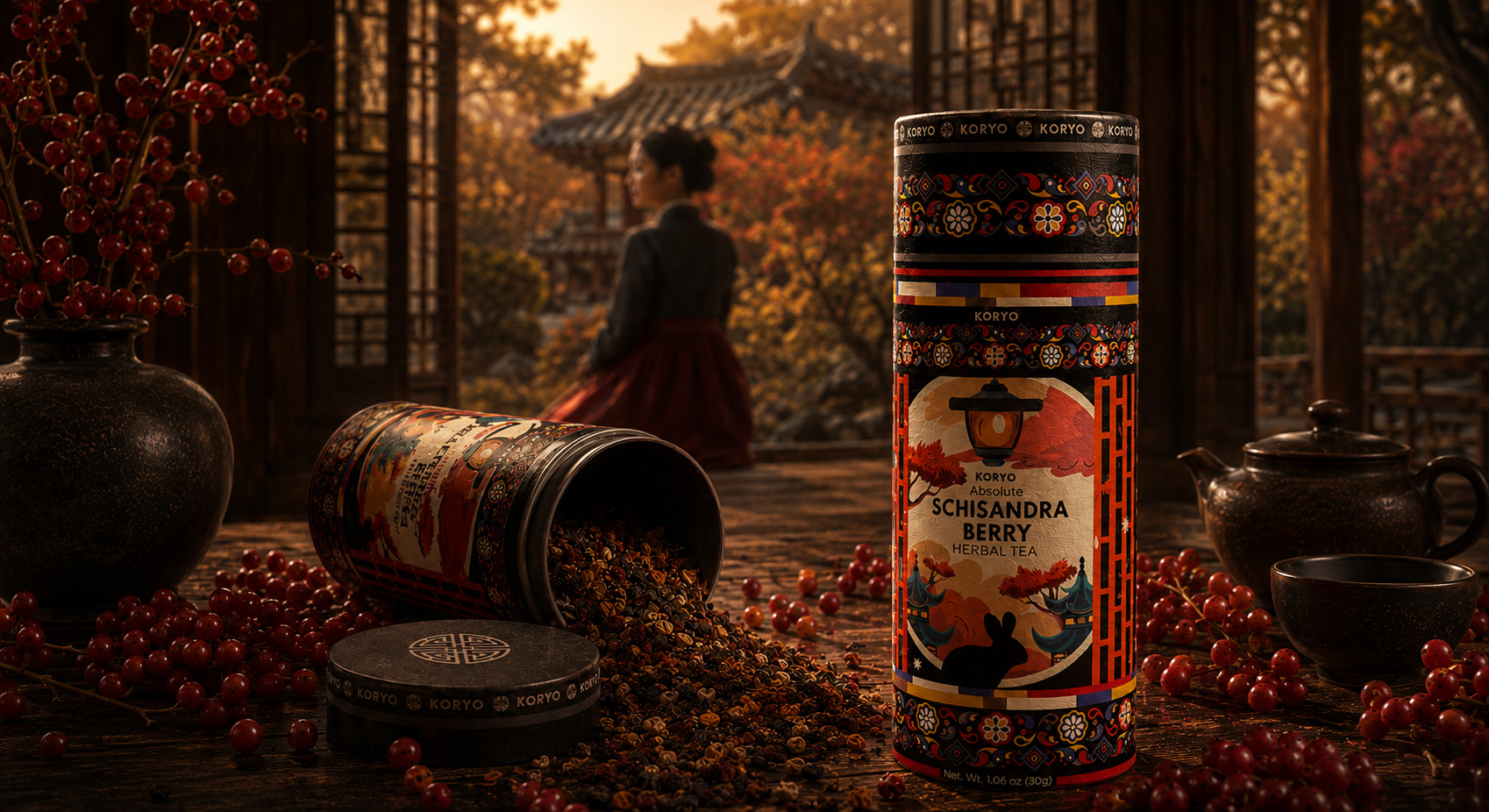 KORYO Schisandra Berry Herbal Tea canisters with loose tea and red berries in a warm Korean-inspired architectural setting.