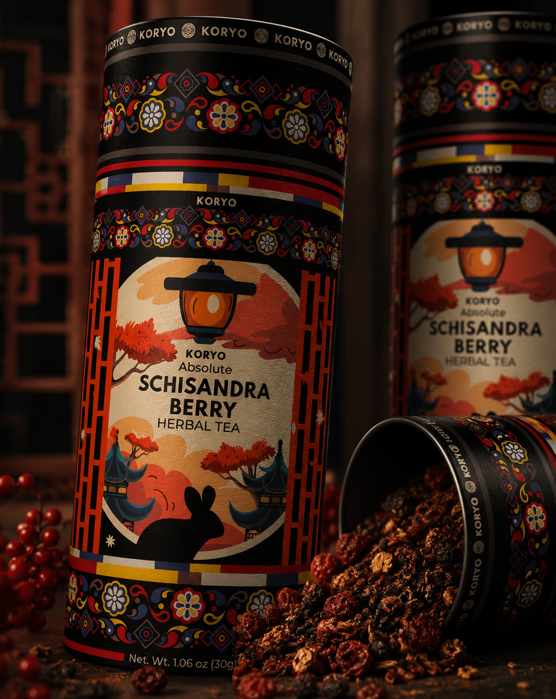 Final KORYO Schisandra Berry Herbal Tea canisters displayed with an opened package, loose herbal tea blend, and red berries.