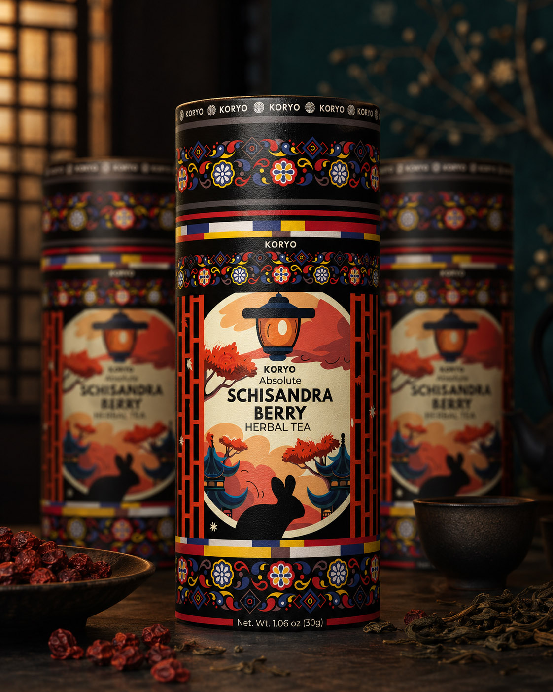 KORYO Absolute Schisandra Berry Herbal Tea packaging illuminated by warm ambient light within a refined product setting.