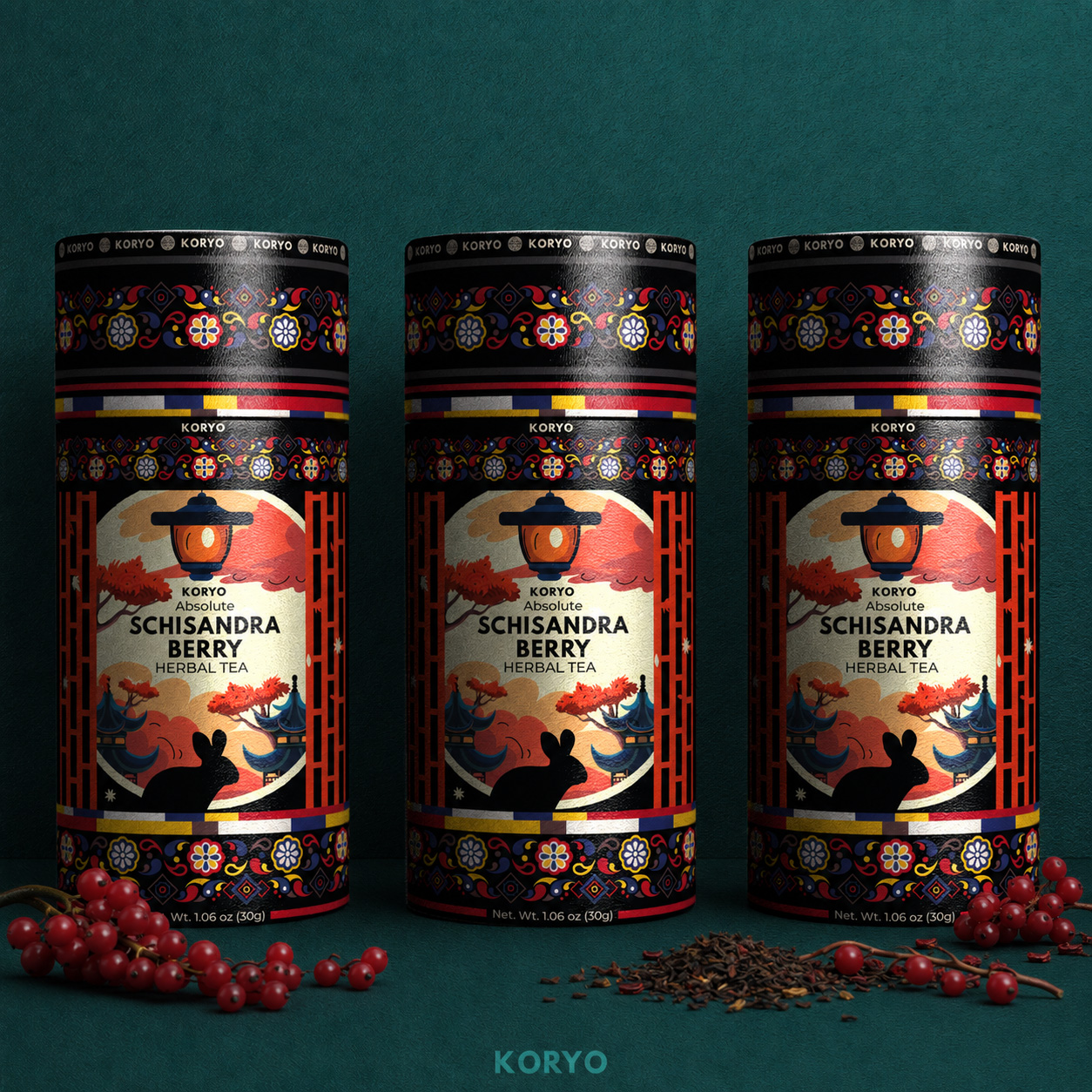 Three identical KORYO Absolute Schisandra Berry Herbal Tea canisters displayed symmetrically with red berries and loose herbal tea against a deep teal background.