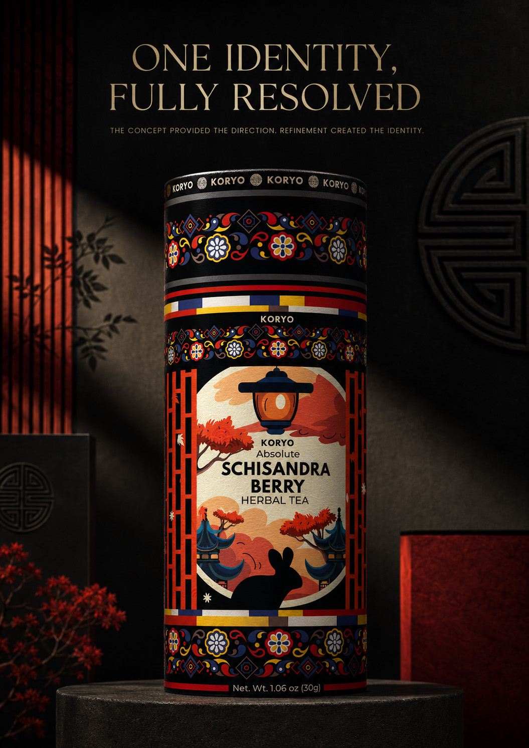 Final KORYO Absolute Schisandra Berry Herbal Tea canister presented in dramatic lighting with Korean-inspired ornament, lantern, landscape, architecture, and rabbit illustration.