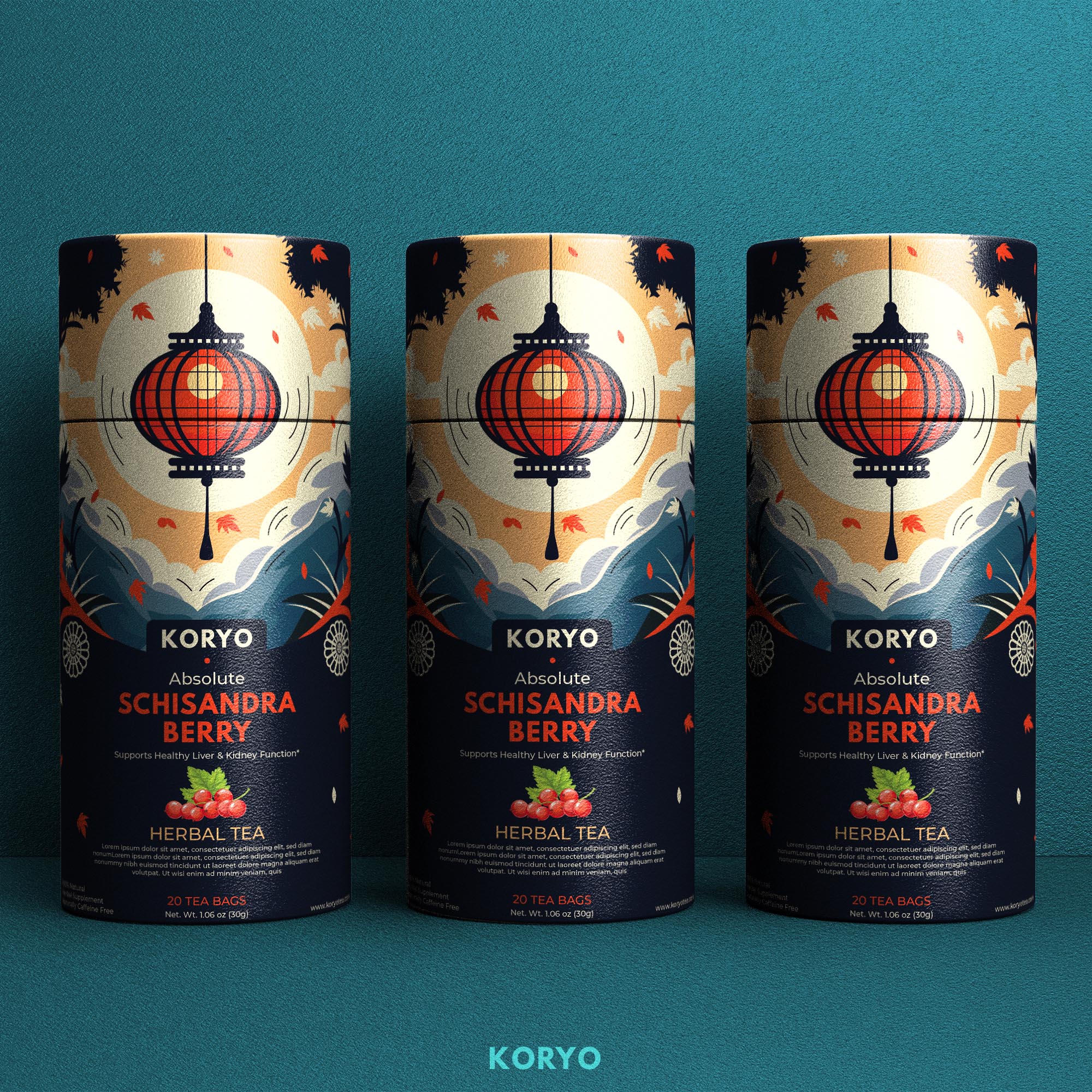 Three KORYO Schisandra Berry Herbal Tea packaging concepts featuring a Korean-inspired lantern illustration, botanical details, and a dark premium color palette.