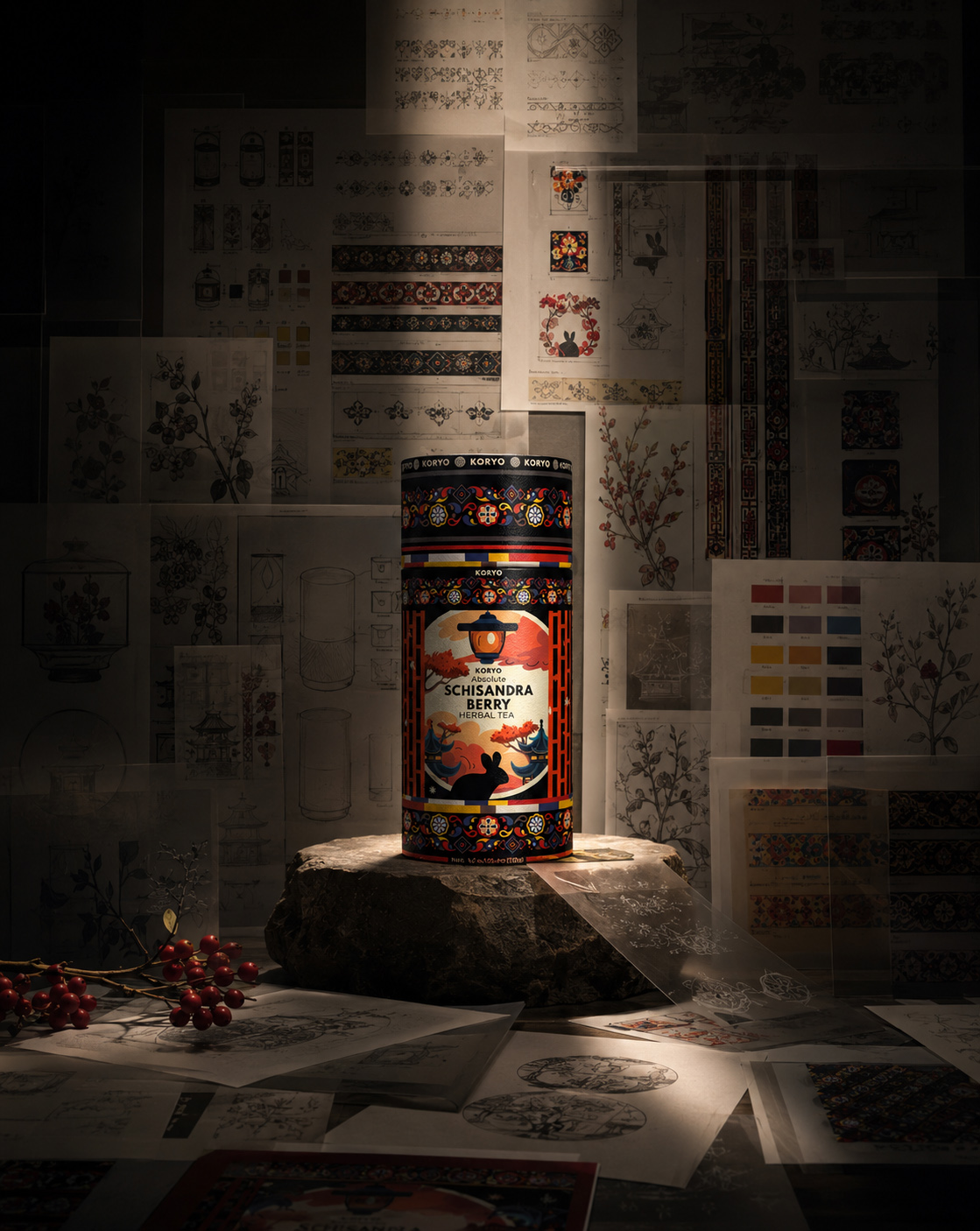 Final KORYO Schisandra Berry Herbal Tea packaging surrounded by cultural research, botanical studies, ornament sketches, color exploration, and label-development materials.