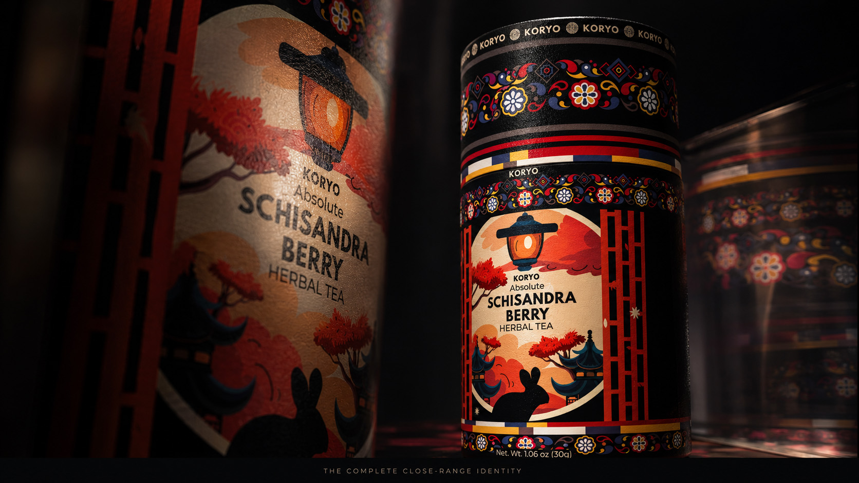 Final KORYO Schisandra Berry Herbal Tea canister presented with enlarged close-range views of its front label, curved surface, ornament, and printed details.