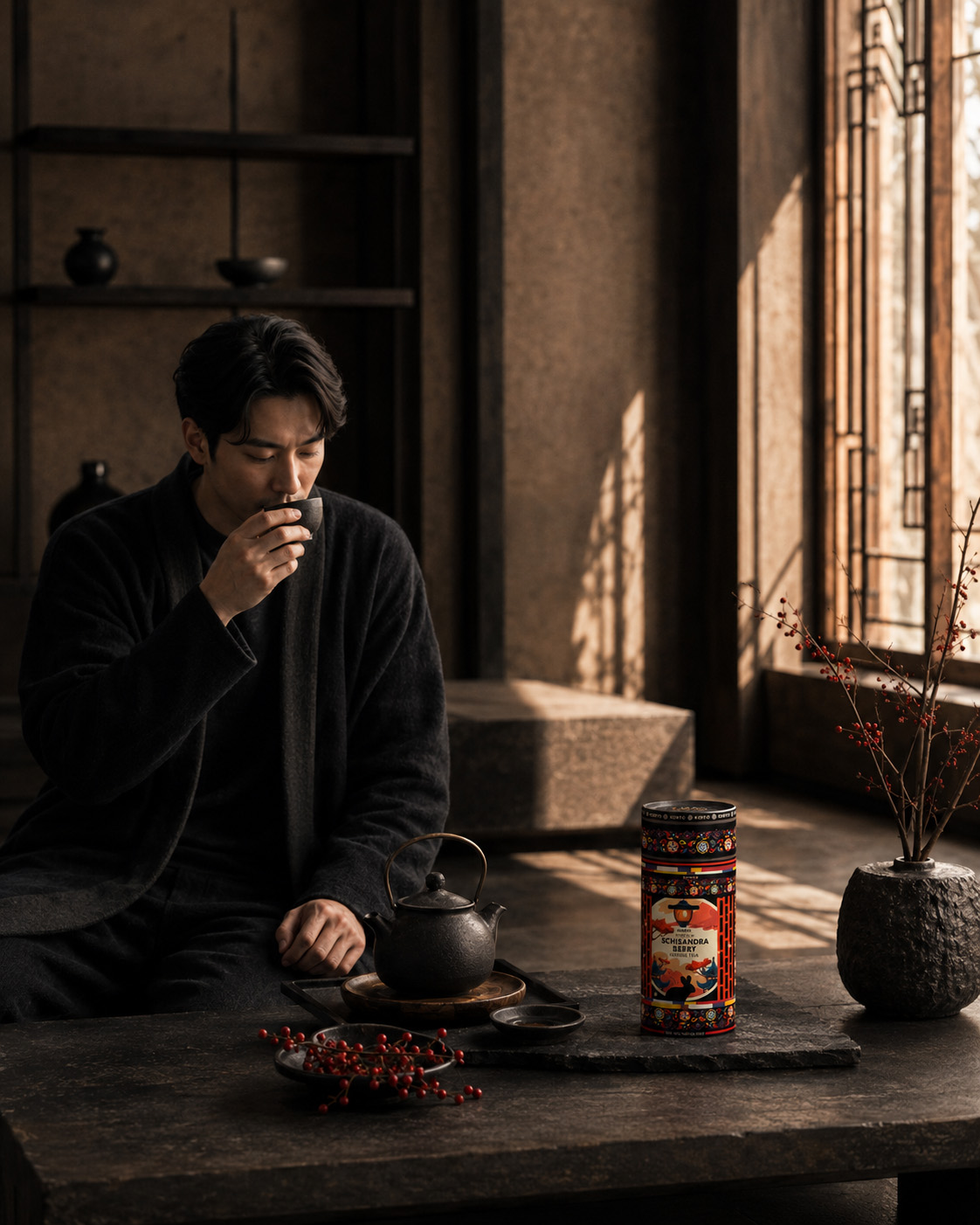 Man drinking tea beside KORYO Schisandra Berry Herbal Tea packaging, dark teaware, and red berries in a warm minimalist interior.