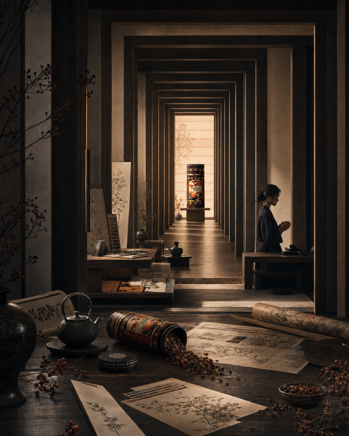 Opened KORYO Schisandra Berry Herbal Tea canister with loose tea, design drawings, botanical studies, dark teaware, and a woman preparing tea in an atmospheric studio.