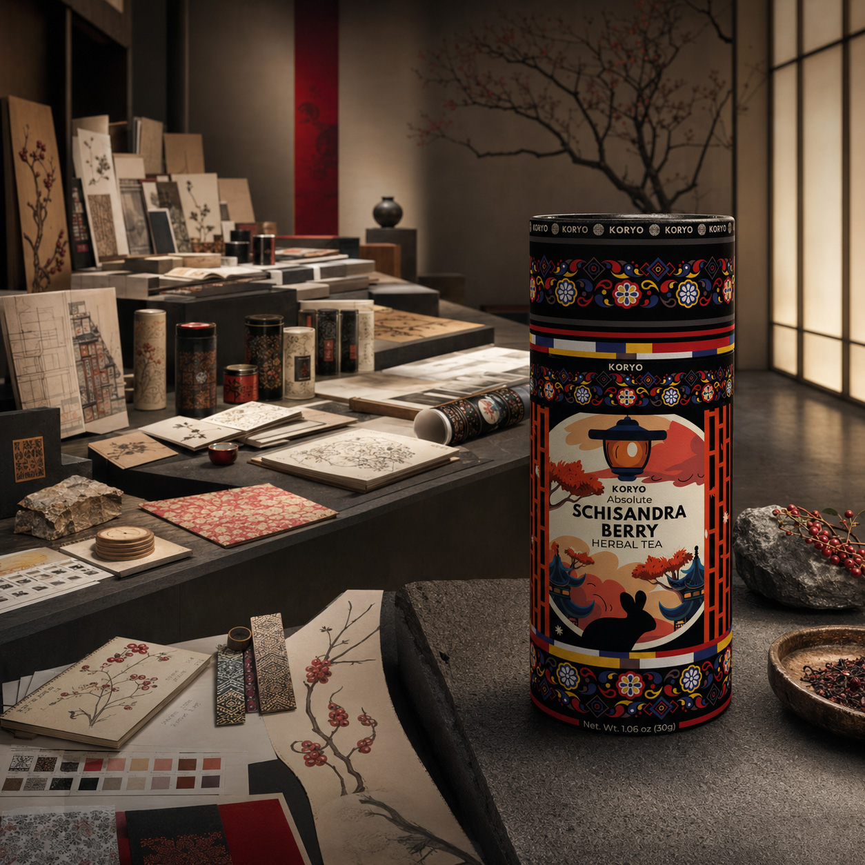 Final KORYO Schisandra Berry Herbal Tea canister surrounded by packaging concepts, botanical studies, color samples, materials, and Korean-inspired design references.