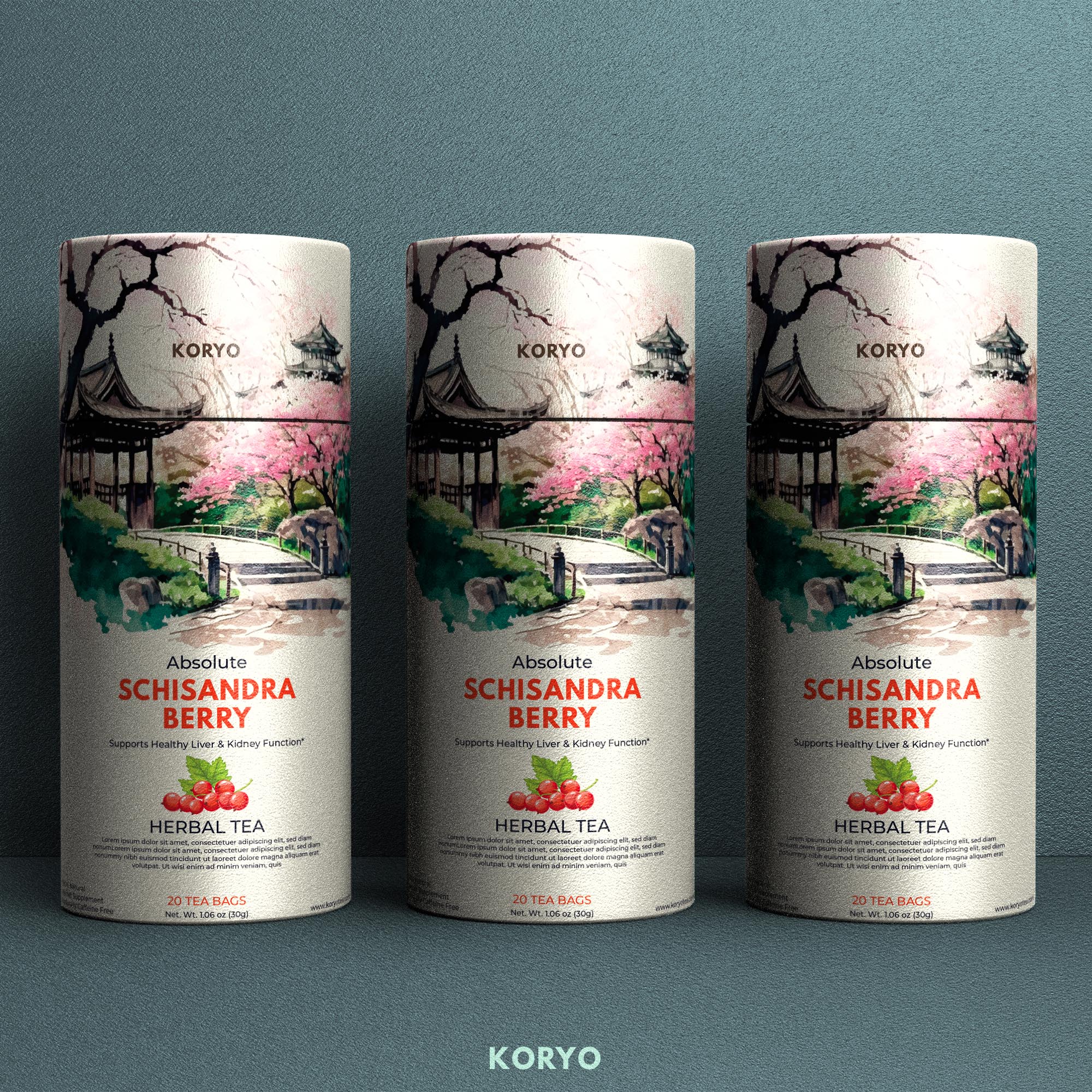 Three KORYO Schisandra Berry Herbal Tea canisters featuring a watercolor garden with Korean-inspired pavilions, a stone bridge, flowering trees, and botanical product imagery.