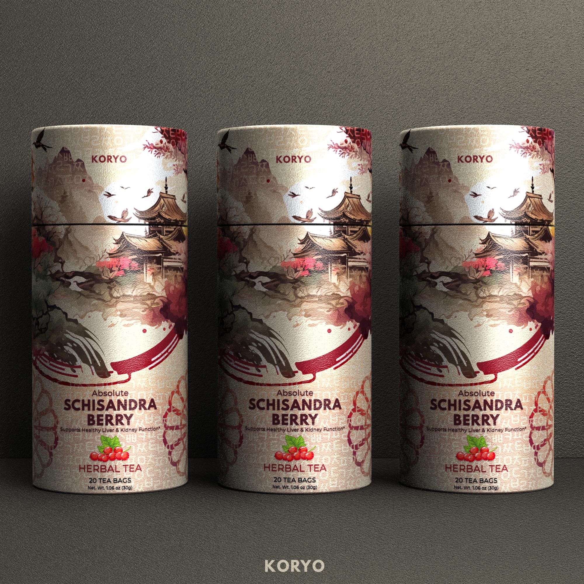 Three KORYO Schisandra Berry Herbal Tea canisters combining Korean-inspired pavilion imagery, mountain scenery, expressive brushwork, red accents, and layered typographic textures.
