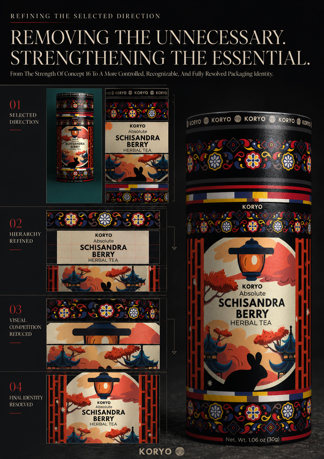 KORYO Concept 16 packaging refinement showing the selected direction, improved product hierarchy, reduced visual competition, and fully resolved final Schisandra Berry Herbal Tea canister.