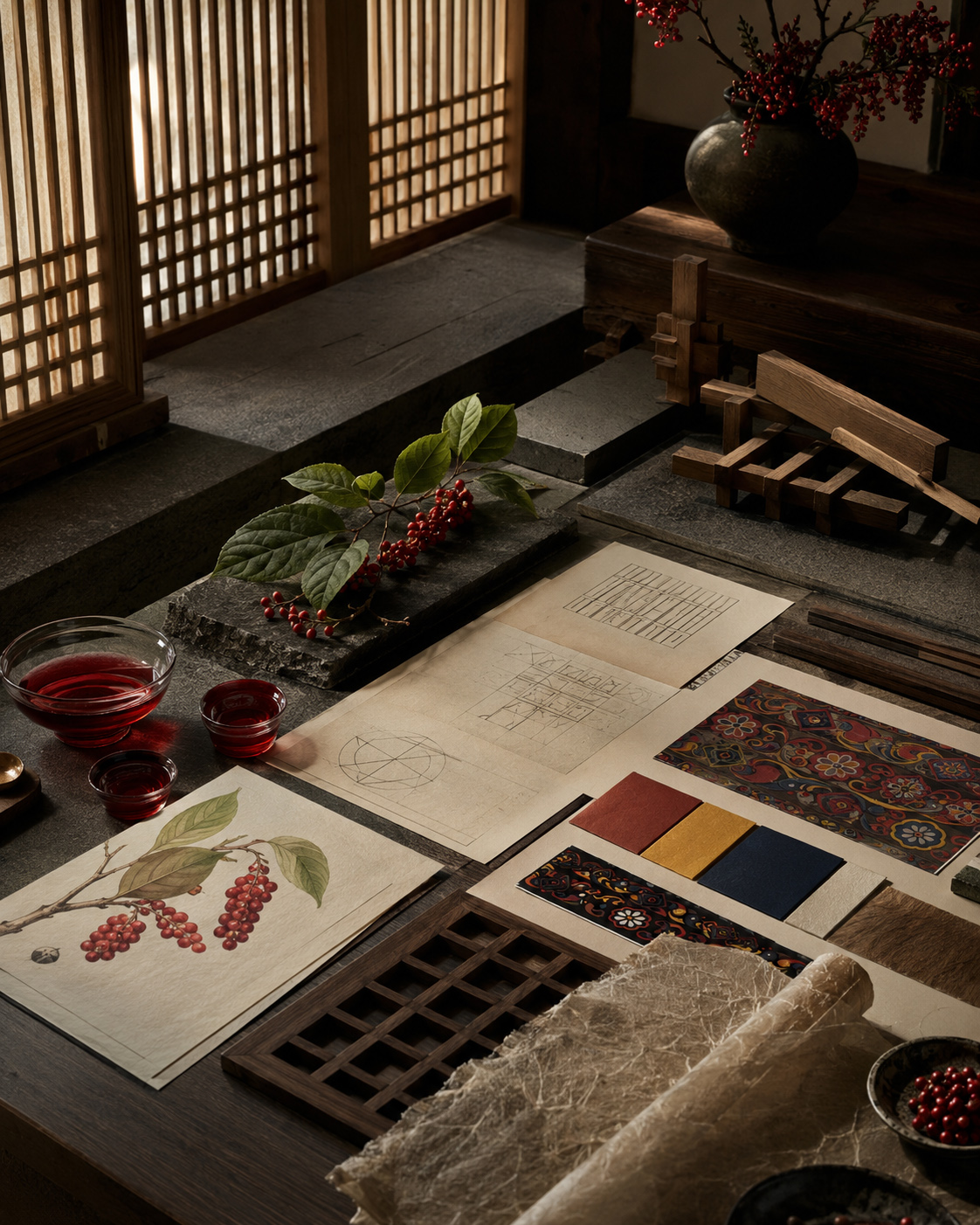 KORYO packaging research table with Schisandra botanical studies, Korean-inspired ornament, structural sketches, color samples, handmade paper, and red tea.