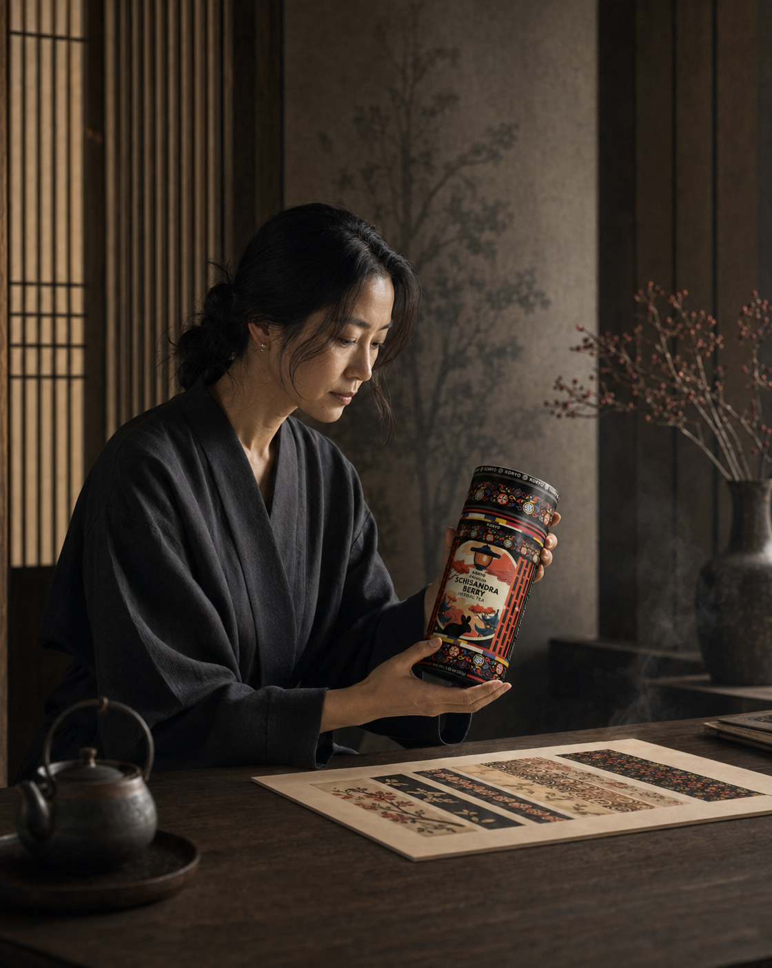 Designer reviewing KORYO Schisandra Berry Herbal Tea packaging beside Korean ornament studies and traditional teaware in a calm studio setting.