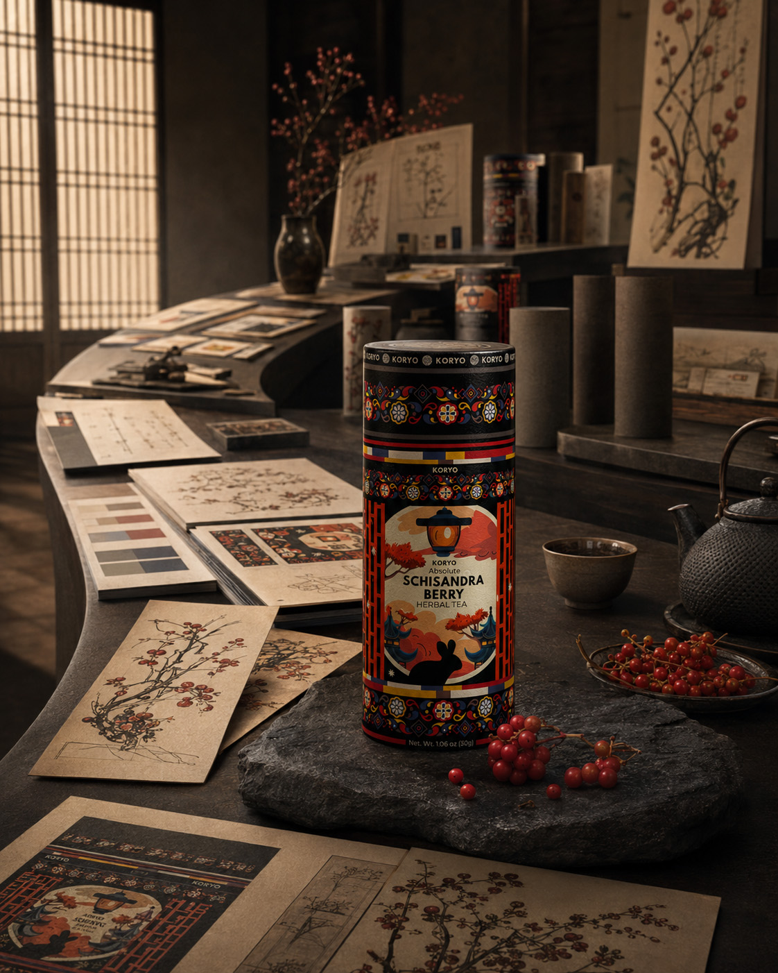 Final KORYO Schisandra Berry Herbal Tea canister displayed in a design atelier with botanical drawings, packaging studies, color samples, teaware, and red berries.