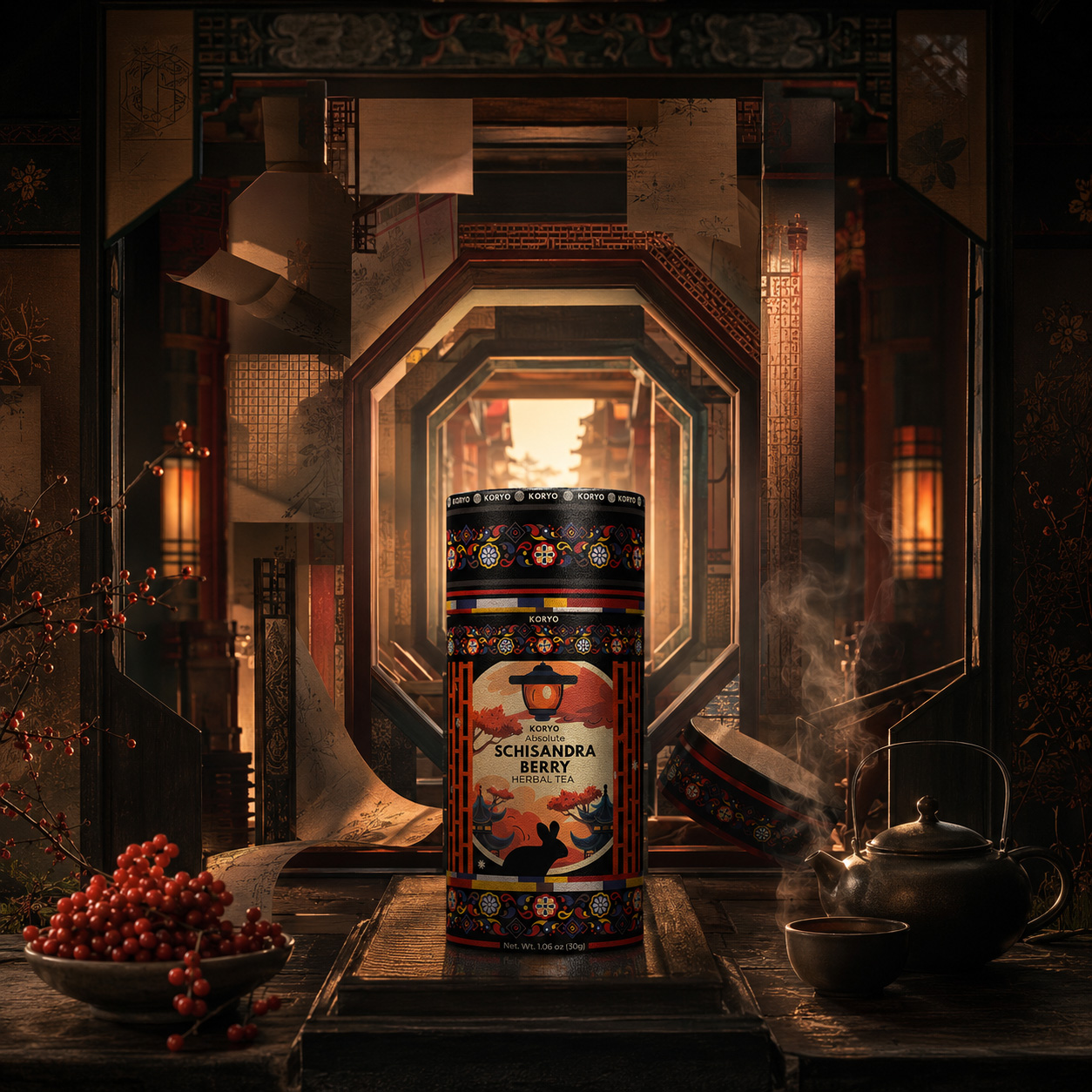 KORYO Schisandra Berry Herbal Tea canister presented with its lid, red berries, steaming teapot, cup, and Korean-inspired ornamental architecture.