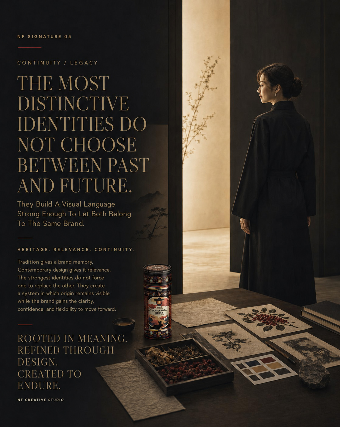 Woman standing in a refined design studio beside the final KORYO Schisandra Berry Herbal Tea canister, botanical studies, material samples, and the Rooted in Meaning statement.