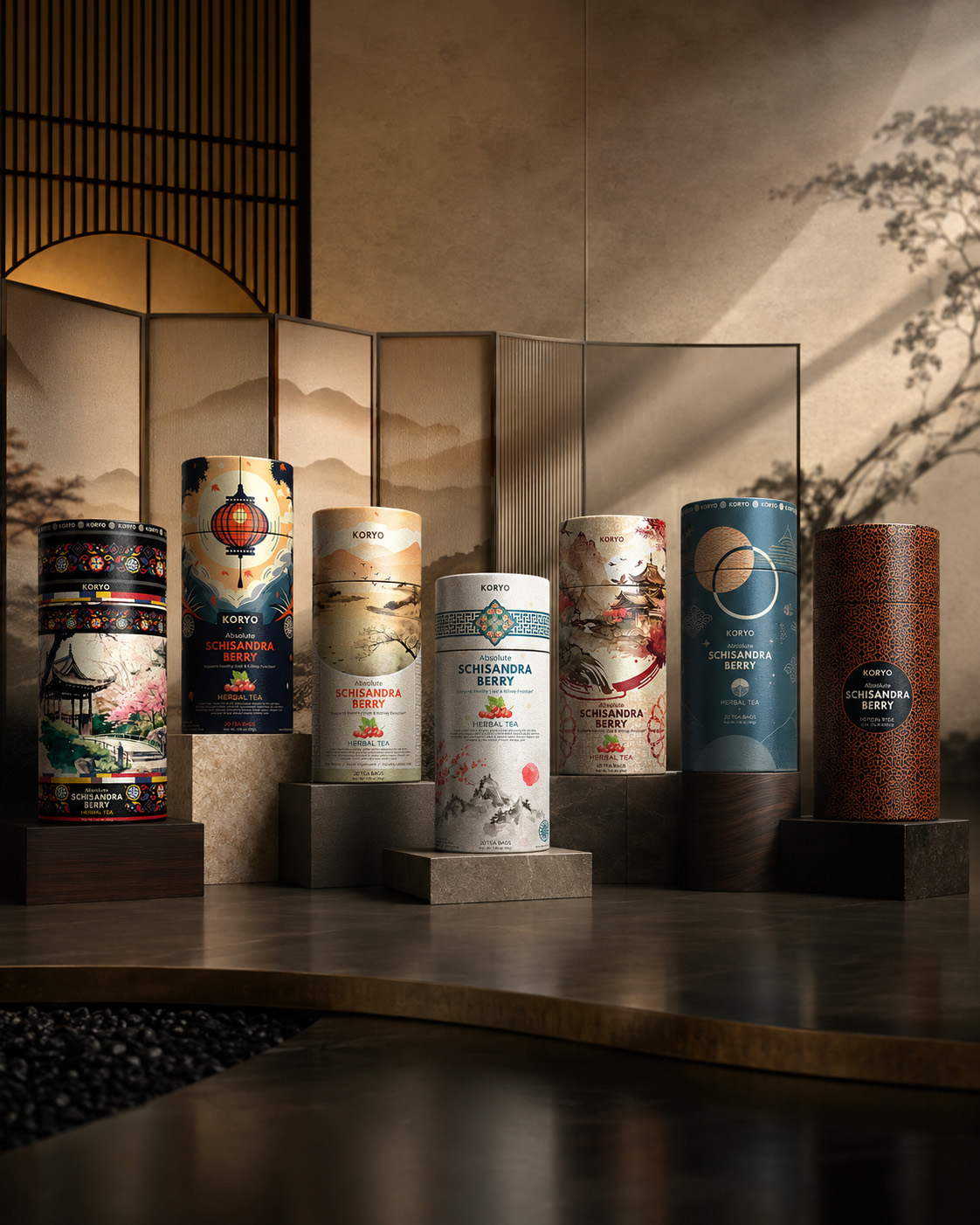 Seven shortlisted KORYO Schisandra Berry Herbal Tea packaging concepts displayed in a refined gallery with landscape, lantern, ornamental, geometric, and architectural designs.