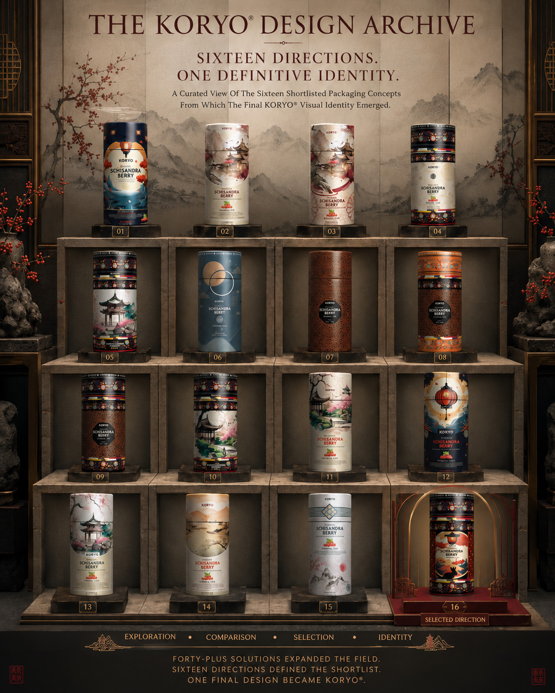 All sixteen shortlisted KORYO Schisandra Berry Herbal Tea packaging concepts displayed in a Korean-inspired gallery, with Concept 16 marked as selected.