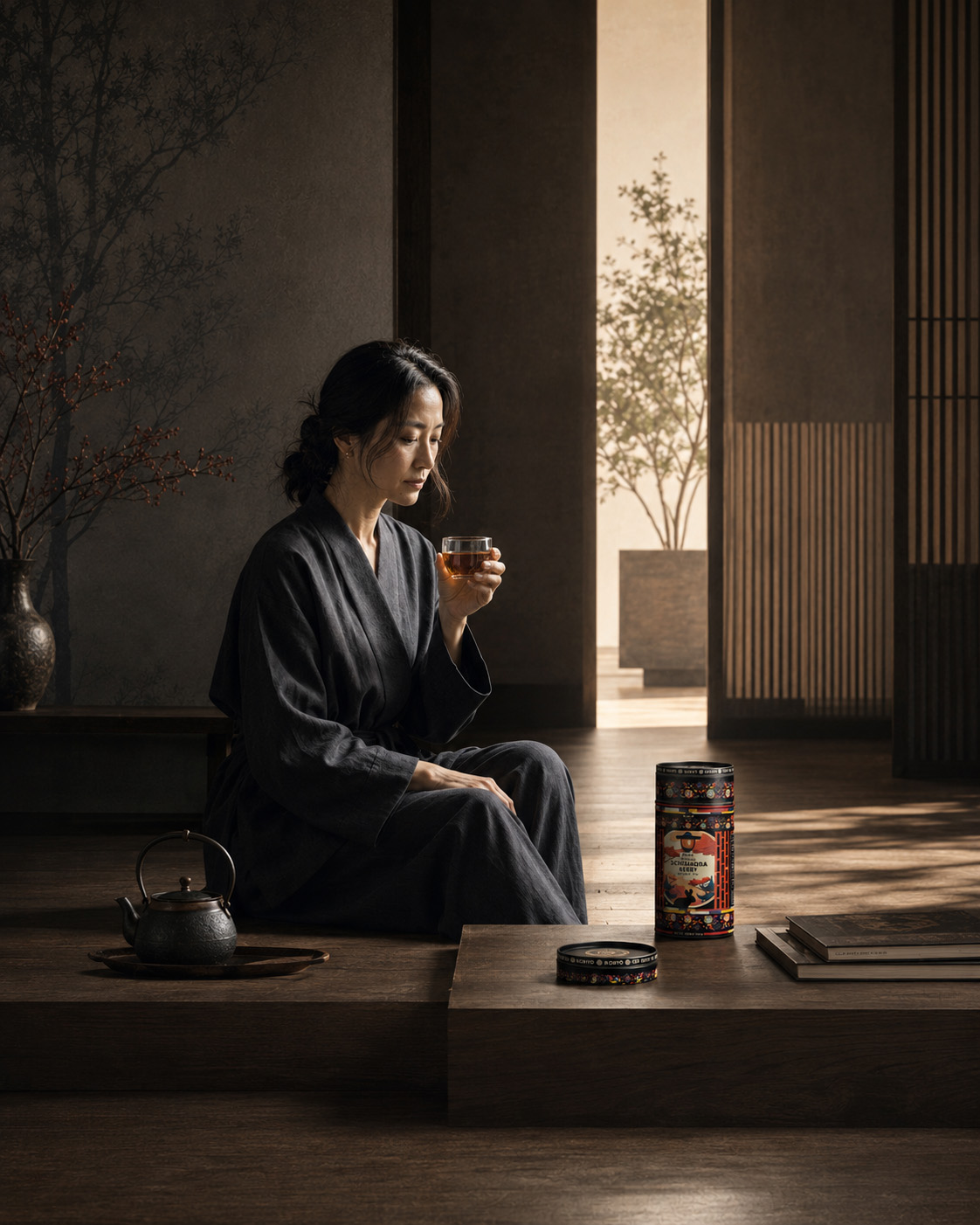 Woman enjoying tea beside an opened KORYO Schisandra Berry Herbal Tea canister and dark teaware in a serene Korean-inspired interior.